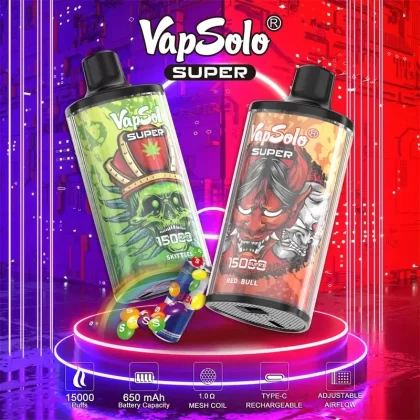 VAPSOLO Super 15K Puffs Disposable Vape Wholesale | 25ml Capacity, Mesh Coil, Rechargeable, 5% Strength option