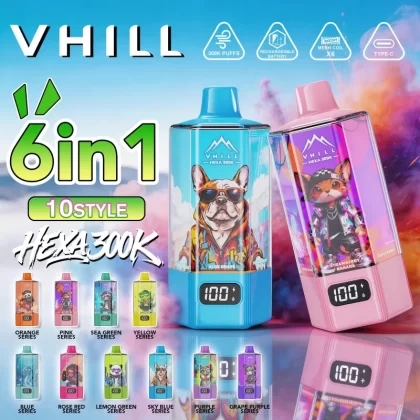 VHILL HEXA 300K 300000 Puffs 6 in 1 Flavors & 6 oil tanks Rechargeable LCD Display Disposable Vape EU Warehouse