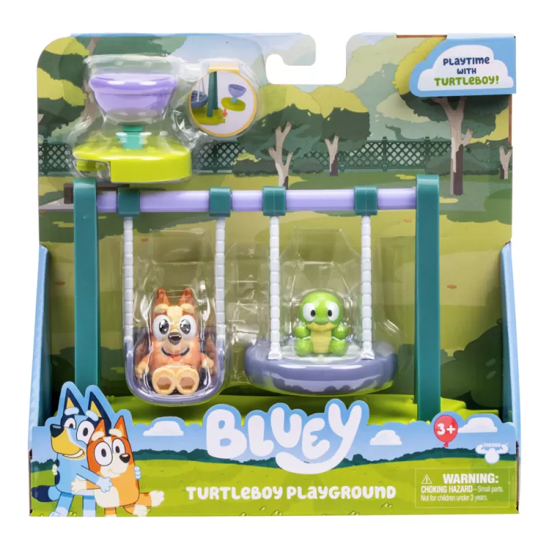 BLUEY MINI TURTLEBOY PLAYGROUND PLAYSET ของเล่นเด็ก ชุดสนามเด็กเล่น Turtleboy จิ๋วพร้อมฟิกเกอร์บลูอี้ สไลด์ ชิงช้า และโครงปีน